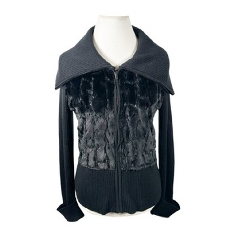 Cache Black Zip Up Sweater Jacket Wool Blend Faux Fur Beaded Chic Size L